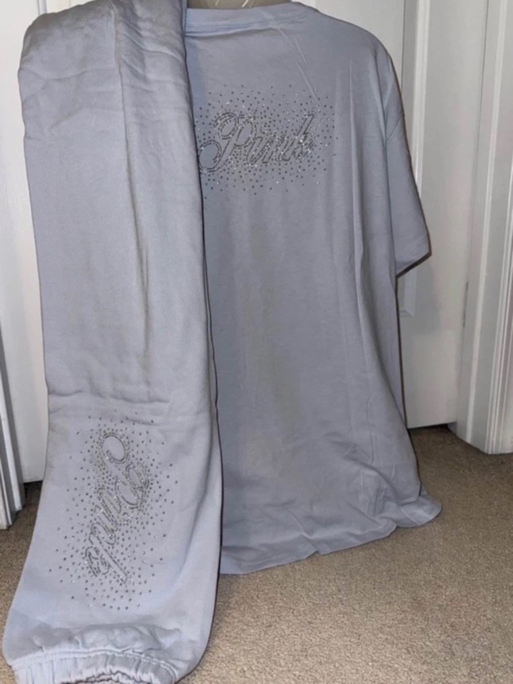 Victoria Secret Pink Bling Blue Short Sleeve Tee Classic Pant Set XL
